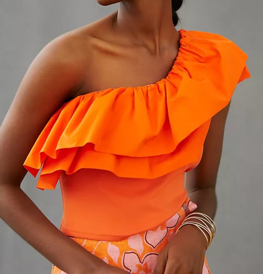 Sunday in Brooklyn Anthropologie One Shoulder Ruffle Crop Top Orange XS